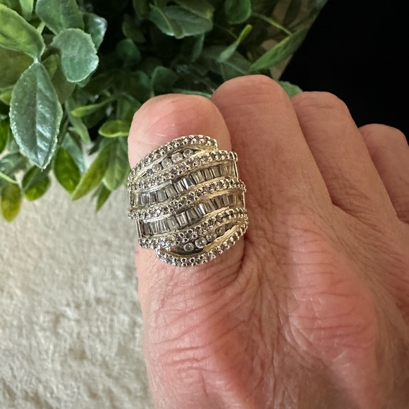 Large Diamonique Cocktail Ring. Baguettes and Rounds Set in Sterling. Size 8. - Picture 3 of 8